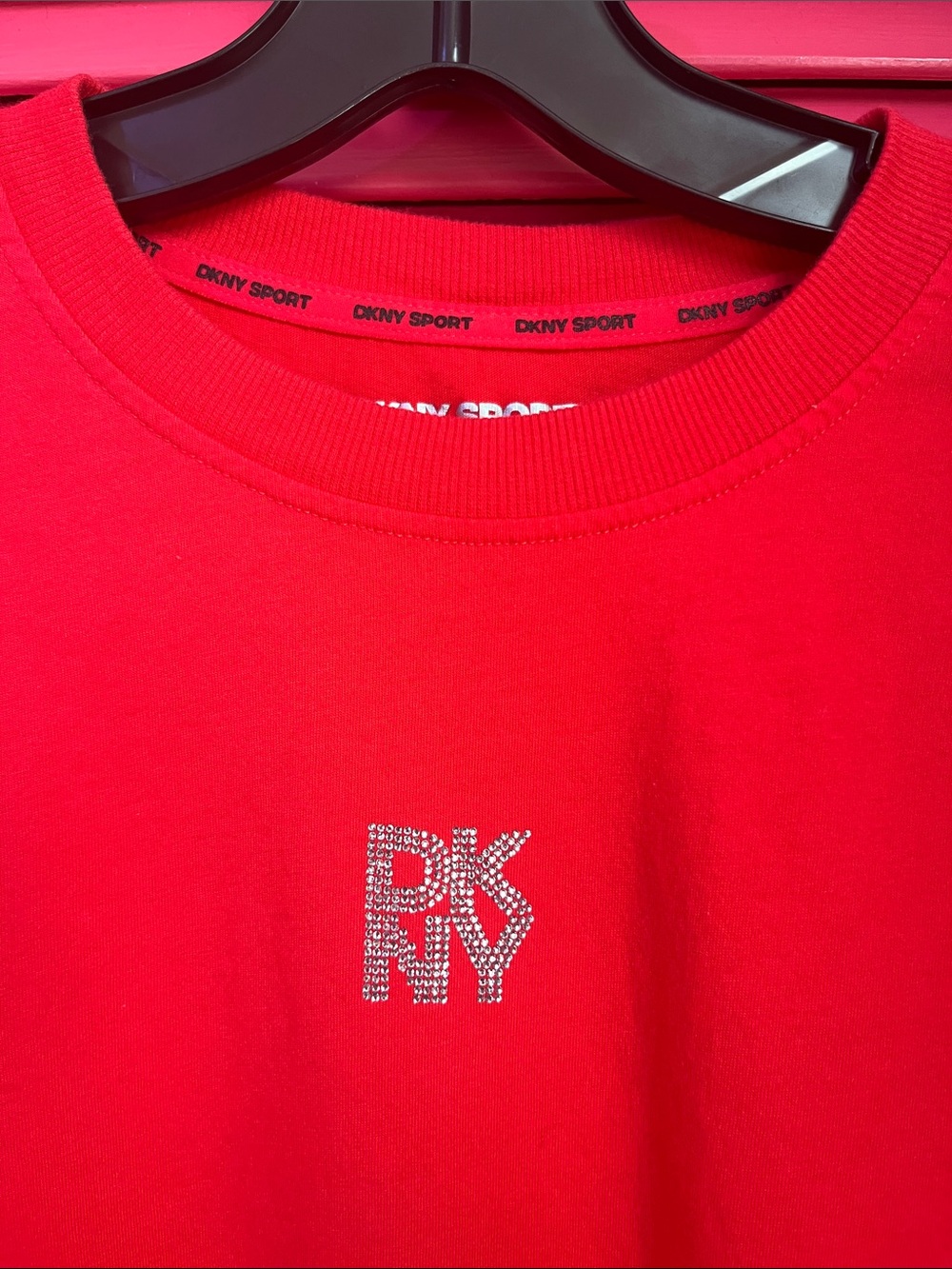 DKNY Red Crystal Logo Crewneck Tee